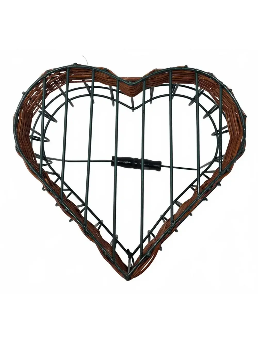 Vintage Heart Wire Basket Set of 2 Green Brown Wicker Farmhouse Wood Handles
